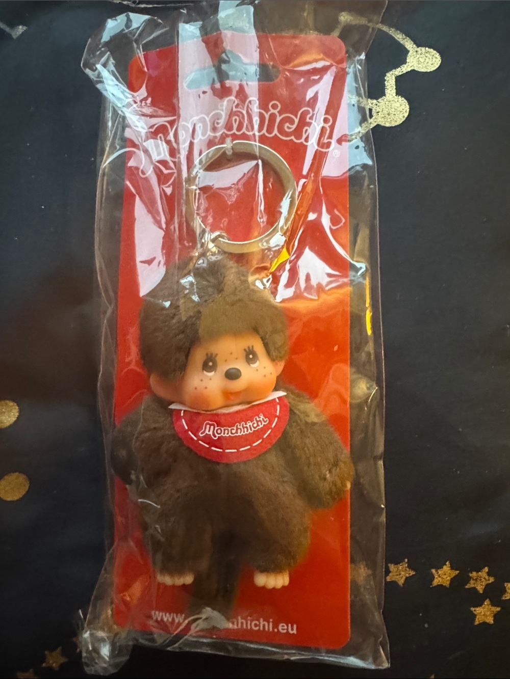 Monchhichi (boy) Brown Plush Keychain with Red Bib